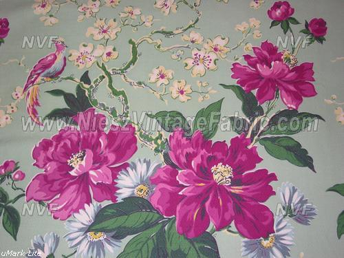 Pink Flowers and Birds on Jadite Barkcloth