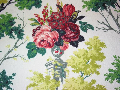 Chartreuse Trees and Pink Roses Barkcloth